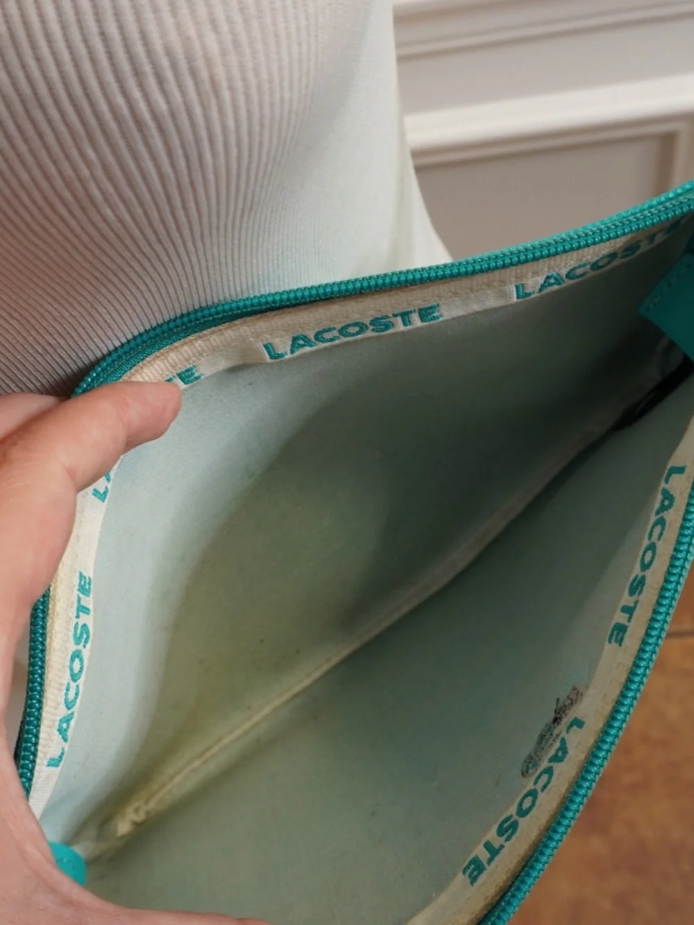 Lacoste Teal crossover bag PVC w/leather trimming